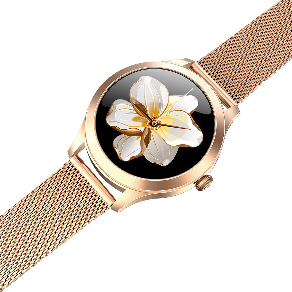 Chivo kw10pro women's smart Watch featuring a floral design on a round dial with a fine steel strap.