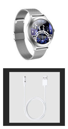 Chivo kw10pro women's smart Watch with fine steel strap and USB charging cable.