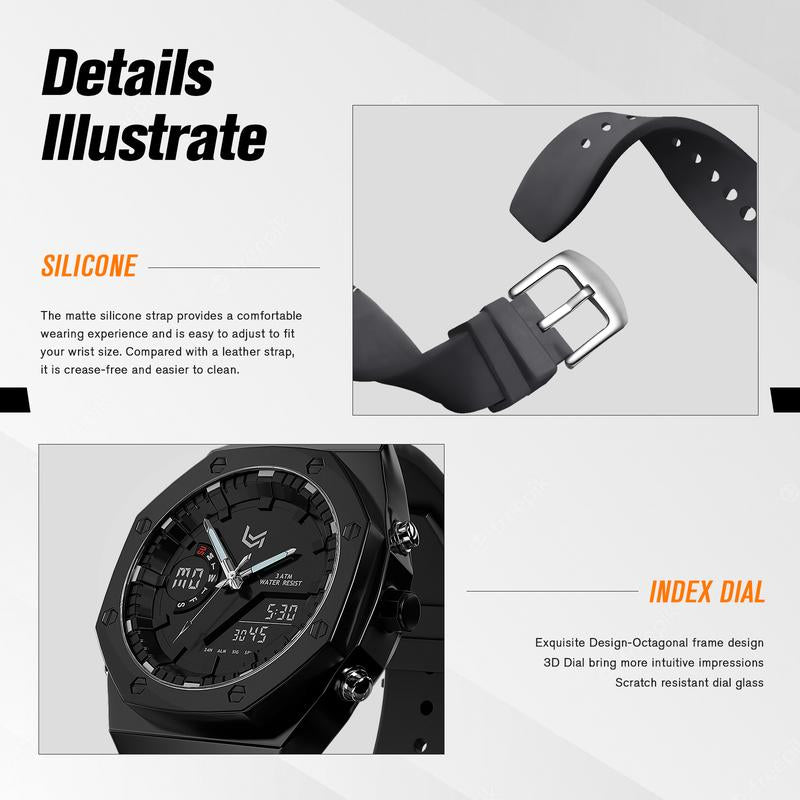 VERULEAN Analog-Digital Watch for Men Multifunction 2 Time Zone Auto Date Wrist Watch for Outdoor Sport Watch Urban Sport Watch with Silicone Strap & Stainless Steel Band