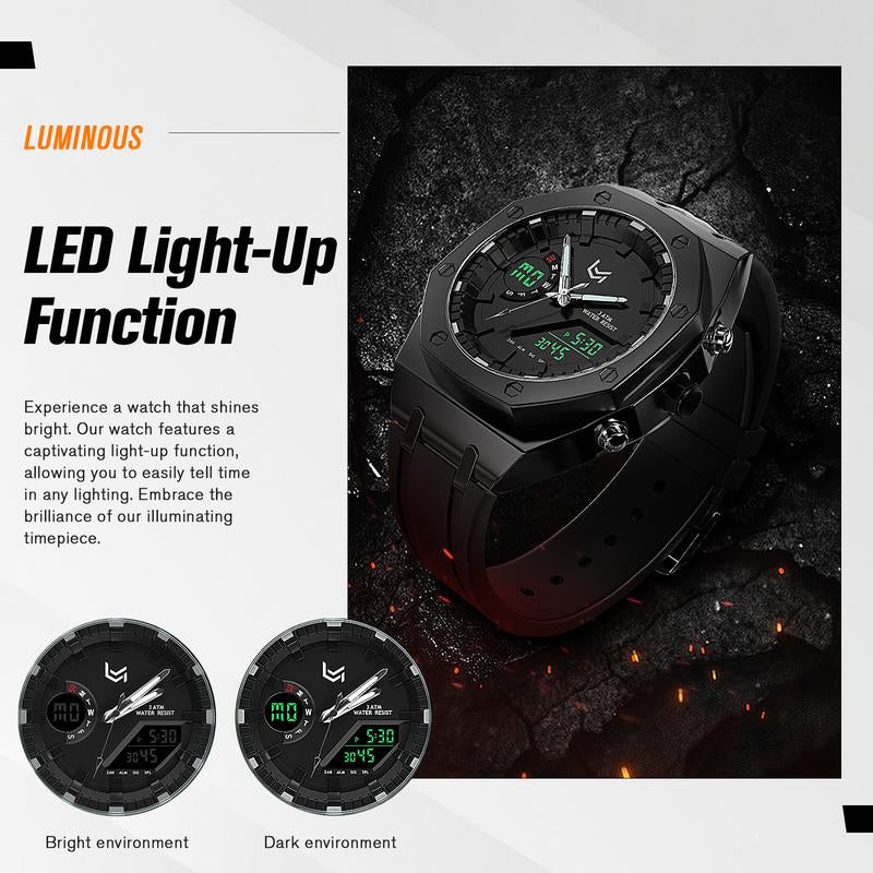 VERULEAN Analog-Digital Watch for Men Multifunction 2 Time Zone Auto Date Wrist Watch for Outdoor Sport Watch Urban Sport Watch with Silicone Strap & Stainless Steel Band