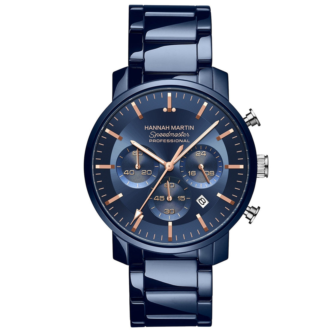 New Six-hand Multi-function Waterproof Calendar Watch For Business Men in navy blue with rose gold accents.