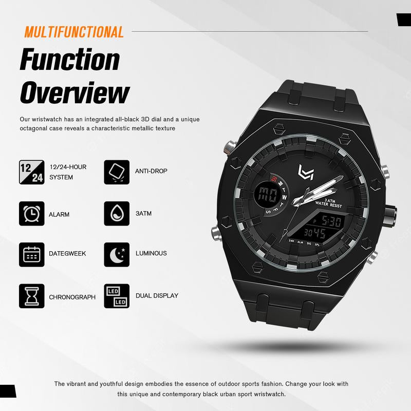 VERULEAN Analog-Digital Watch for Men Multifunction 2 Time Zone Auto Date Wrist Watch for Outdoor Sport Watch Urban Sport Watch with Silicone Strap & Stainless Steel Band
