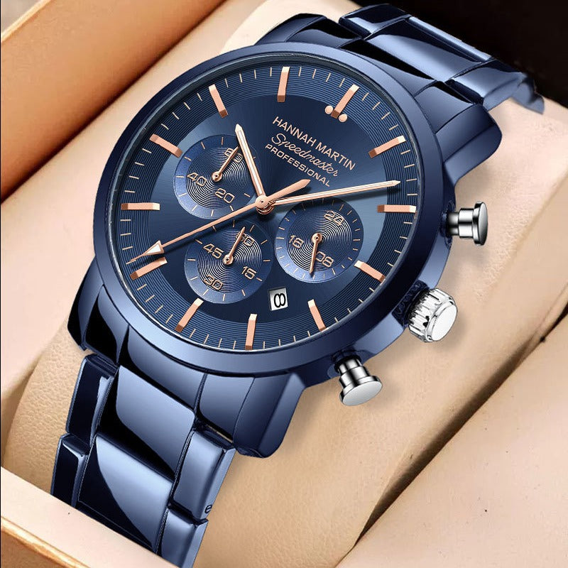 New Six-hand Multi-function Waterproof Calendar Watch For Business Men on a stylish blue strap.
