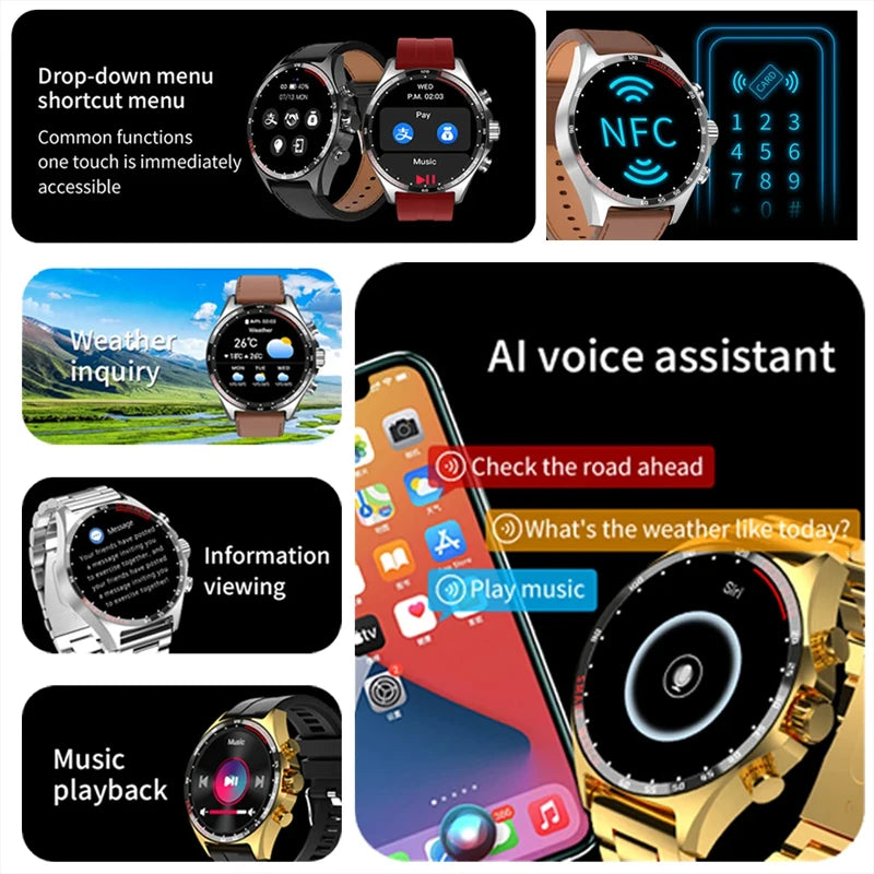 Hotsale Silver Gold Stainless Steel Color Smart Watch 1.58 Inch Bt Call Nfc Wireless Charging Smartwatch