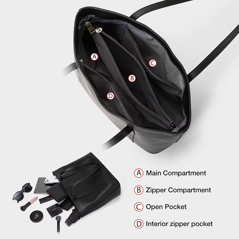 FOXER Split Leather Shoulder Bag for Women Simple Large Capacity Tote Lady Classic Black Handbag Gift for Wife, Lover