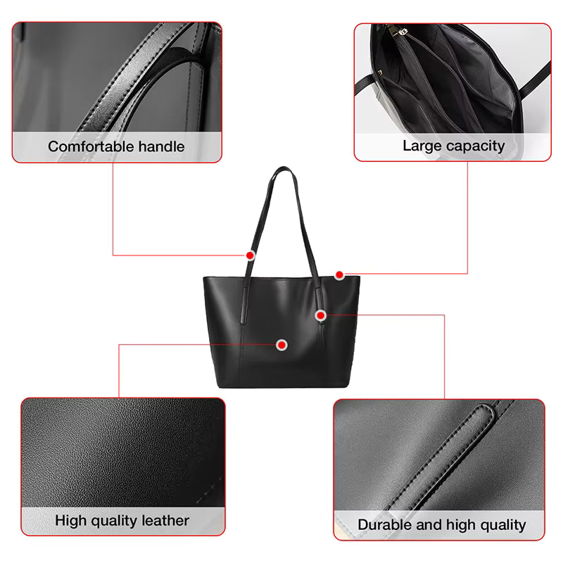FOXER Split Leather Shoulder Bag for Women Simple Large Capacity Tote Lady Classic Black Handbag Gift for Wife, Lover