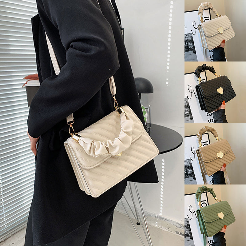 Women Handbags Fashion Chain Shoulder Bags With Love Metal Design in multiple colors including white, khaki, green, and black.