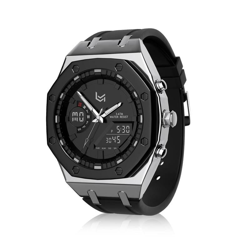 VERULEAN Analog-Digital Watch for Men Multifunction 2 Time Zone Auto Date Wrist Watch for Outdoor Sport Watch Urban Sport Watch with Silicone Strap & Stainless Steel Band