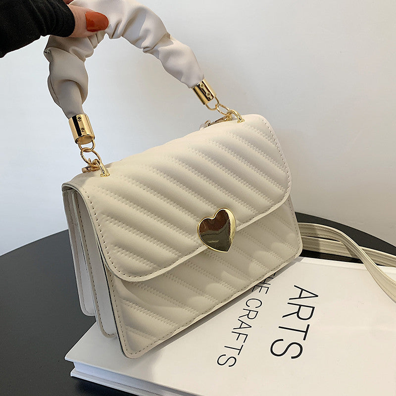 Women Handbags Fashion Chain Shoulder Bags With Love Metal Design in multiple colors including white, khaki, green, and black.