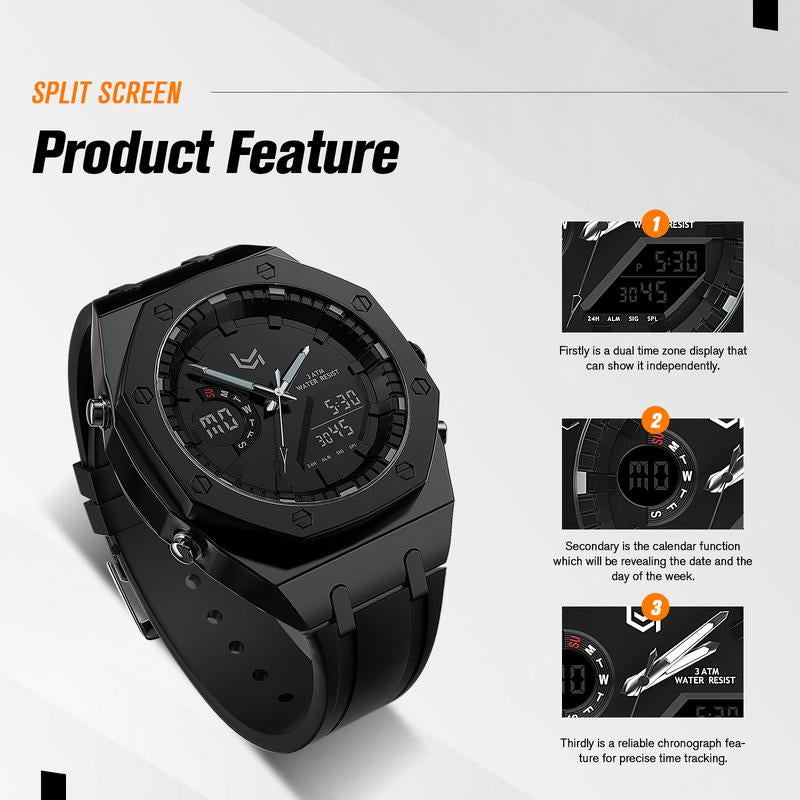 VERULEAN Analog-Digital Watch for Men Multifunction 2 Time Zone Auto Date Wrist Watch for Outdoor Sport Watch Urban Sport Watch with Silicone Strap & Stainless Steel Band