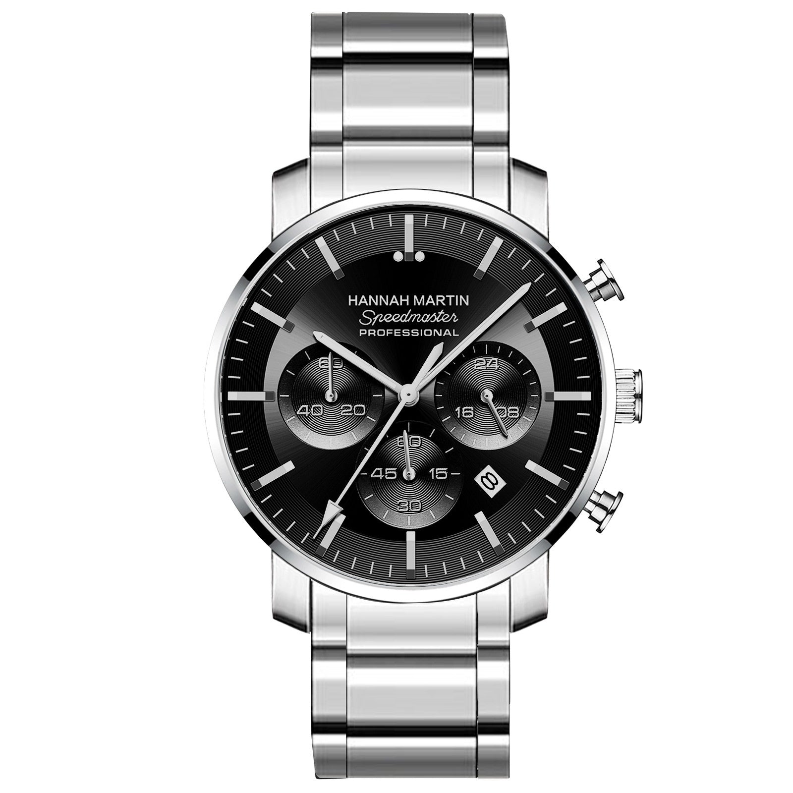 New Six-hand Multi-function Waterproof Calendar Watch For Business Men with black dial and silver strap.