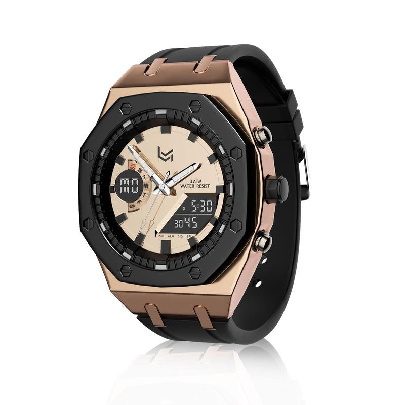 VERULEAN Analog-Digital Watch for Men Multifunction 2 Time Zone Auto Date Wrist Watch for Outdoor Sport Watch Urban Sport Watch with Silicone Strap & Stainless Steel Band