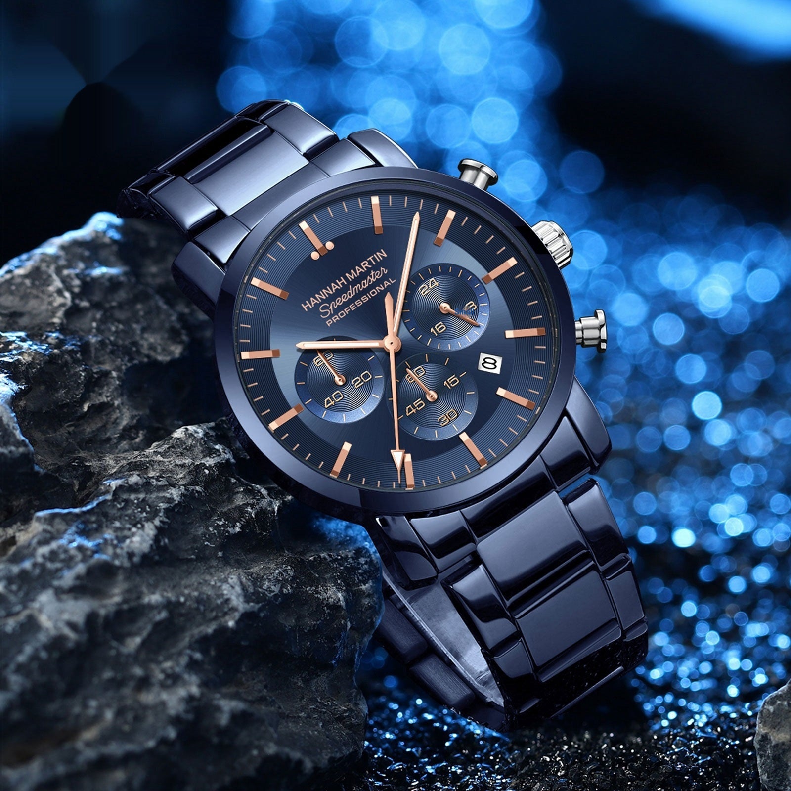 New Six-hand Multi-function Waterproof Calendar Watch For Business Men on a rock surface with a blue background.